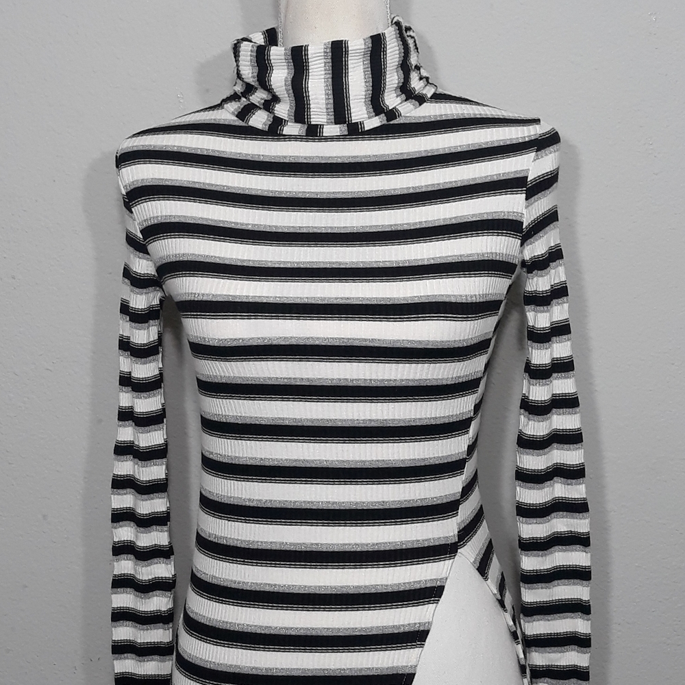 copper key metallic striped turtleneck .